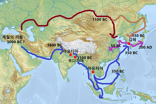 아시아에서의 제철 확산 경로. 출처: Wikimedia Commons 유라시아 지도 위에 이진아가 표시
