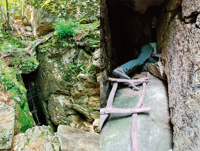 10여년 전 지리산 전문 산꾼들이 반야봉 아래를 샅샅이 뒤져 찾아낸 ‘박영발 비트’는 해발 1300m의 자연동굴이다.(왼쪽) ‘박영발 비트’에 들어가기 위해서는 4m 높이의 바위를 기어올라가 오른쪽 틈새로 들어가야 한다.