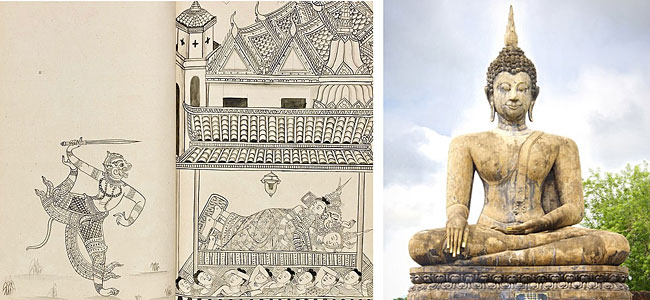 인도로부터 넘어온 문물은 동남아에 정착하면서 그 지역 특유의 색채를 띠게 된다. (왼쪽) 마법의 칼을 들고 마왕 라바나의 궁전에 도착한 원숭이 신 하누만. 힌두교 대서사시 라마야나의 타이 버전인 콤 경전에 기록된 이 일화에 붙여진 19세기 삽화는 완전히 동남아시아적인 건물과 의상을 보여준다. (오른쪽) 13세기 건설된 타이의 수코타이 역사공원의 불상은 다른 지역에서 흔히 볼 수 있는 것과는 달리 웃는 모습을 하고 있다는 특징을 갖는다. 출처: Wikimedia Commons License, Ms Sarah Welch의 작품 https://commons.wikimedia.org/wiki/File:19th-century_Ramayana_manuscript,_Ramakien,_Thailand_version,_Khom_script,_Hanuman_with_sword_reaches_Ravana%27s_palace.jpg / Wikimedia Commons License, Love Nystrom의 작품에서 일부 발췌https://commons.wikimedia.org/wiki/File:Sitting_Buddha_in_Sukhothai_Historical_Park.jpg