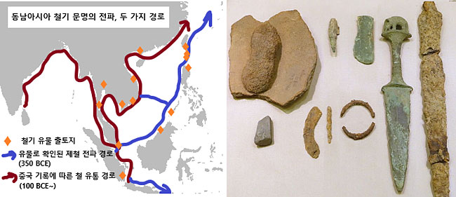 (왼쪽) 동남아시아 철기 문명의 전파 경로. 기원전 350년의 해로는 중국 기록에 나타나는 해안선 경로보다 450년 이상 일찍 이용됐으며, 최근까지 발굴된 철기 유물 소재지를 모두 섭렵한다. (오른쪽) 베트남 사후인 유적지에서 발굴된 의례 및 생활 도구. 빠른 철기의 전래로, 동남아 지역에서는 석기, 동기, 철기 유물이 혼재되어 나타나는 곳이 많다. 출처: (왼쪽) 온라인 케임브리지 대학 출판부 사이트(2016.11.21)에 등재된 Hsiao-chun Hung 외 논문 게재 지도 2편의 내용을, 위키미디어 커먼즈 백지도 위에 표시. https://www.cambridge.org/core/journals/antiquity/article/abs/taiwans-early-metal-age-and-southeast-asian-trading-systems/537248BA13D2AA5276F083F4919239F8 (오른쪽) 퍼블릭 도메인