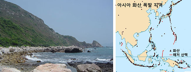 (왼쪽) 중국 광둥성 선전시 인근 해변 지역. 중국 남해안에는 이처럼 바로 산지로 이어지는 곳이 많다. (오른쪽) 동남아시아 일부 해안 지방과 일본 열도의 대부분은 환태평양 불의 고리에 속하는 지역이어서, 지진‧화산 등 지각활동이 빈번하다. 출처: (왼쪽) 张元柏 작품, Wikimedia Commons License, https://commons.wikimedia.org/wiki/File:2007_%E6%B7%B1%E5%9C%B3_%E4%B8%9C%E8%A5%BF%E5%86%B2%E7%A9%BF%E8%B6%8A_-_panoramio_(4).jpg<br/></div>(오른쪽) Eric Gaba 작품, Wikimedia Commons License, file:///C:/Users/user/Desktop/Spreading_ridges_volcanoes_map-en.svg 중 동남아시아 부분