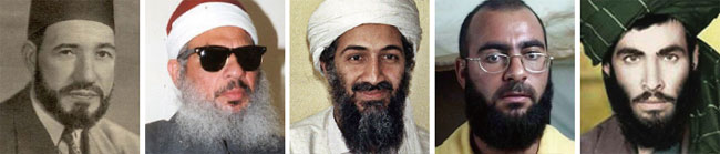 무슬림형제단 초창기 이론가인 하산 알 반나, 1970년대 호전적 설교로 명성을 떨친 성직자 오마르 압델라흐만, 알 카에다를 만든 오사마 빈 라덴, IS의 마지막 지도자인 알 바그다디, 탈레반 지도자 뮬라 오마르(왼쪽부터). ⓒphoto 위키피디아