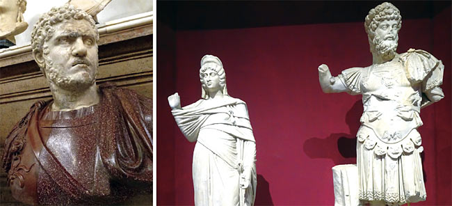 사상 최대의 폭군으로 평가받는 로마 카라칼라 황제 두상(왼쪽), 카라칼라 황제의 아버지인 세베루스 황제와 어머니 율리아 돔나. 세베루스 황제는 아프리카, 율리아 돔나는 시리아 출신으로 알려져 있다.