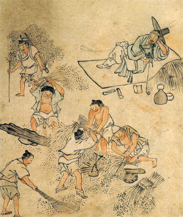 김홍도. ‘타작’. 종이에 연한색. 27×22.7㎝. 국립중앙박물관