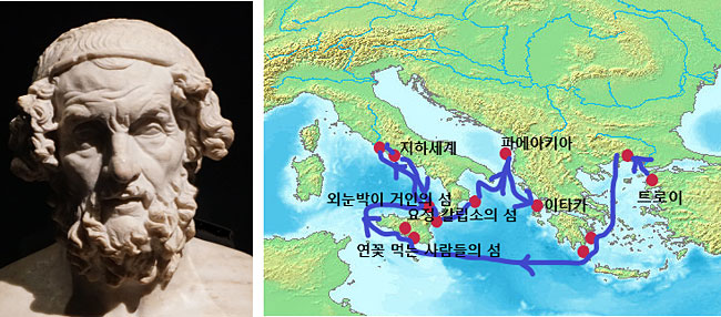 (왼쪽) 기원전 8세기에 활동한 것으로 전해지는 그리스 이오니아 지방의 시인 호머. 로마시대에 제작된 조각상이다.  (오른쪽) 호머의 ‘오디세이’에서 주인공 오디세이가 트로이 전쟁에서 승리한 후 고향 이타카로 돌아가는 길에 바다의 신 포세이돈의 심술로 풍랑을 만나 헤매면서 모험을 겪었던 경로. 16세기 네덜란드 지리학자 아브라함 오르텔리우스가 제작한 지도를 참고하여 간단하게 표시한 것. 사진: Flickr Creative Commons, Sebastià Giralt 작품의 상부 60%, https://www.flickr.com/photos/sebastiagiralt/49119928648, 지도: 이진아 제공