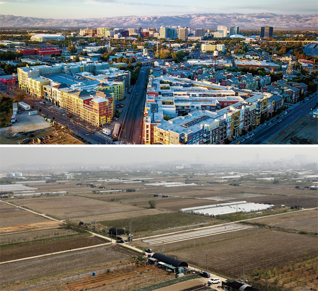 구글이 캘리포니아 새너제이 디리던역 인근에 개발 중인 대규모 구글 캠퍼스 개념도(위쪽)와 한국의 3기 신도시 부지인 인천 계양 일대. ⓒphoto COSTAR.COM·뉴시스