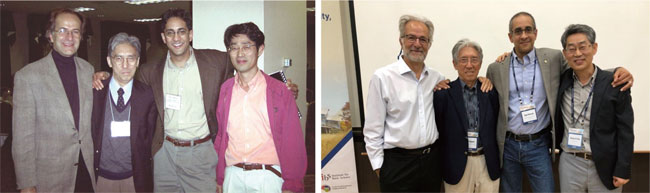 fMRI를 개발한 네 연구자의 1994년 사진(왼쪽)과 25년 후인 2019년 사진. 왼쪽부터 우거빌, 오가와, 메논, 김성기 박사. ⓒphoto 김성기