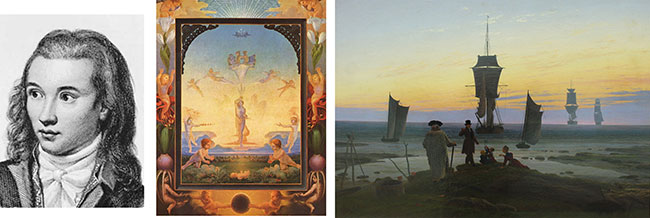 (왼쪽) 프리드리히 프라이헤르 폰 하르덴베르크(필명 노발리스, 1772-1801)의 초상. (가운데) 노발리스의 영향을 받아 몽상적 회화기법으로 그림을 그렸던 19세기 초 독일 화가 필립 오토 룽게의 그림 ‘작은 아침’, (오른쪽) 역시 노발리스의 영향을 받은 것으로 알려진 19세기 낭만주의 화가 카스파르 다비트 프리드리히의 그림 ‘삶의 단계’. 출처: 퍼블릭 도메인