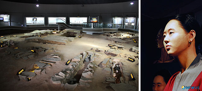 (왼쪽) 고령 대가야박물관 내부 전시관에서 볼 수 있는 대가야 시대 왕릉 유적. 가야의 유적들이 많이 발굴되면서, 출토되는 유골을 분석해서 유전자형 및 외형 등을 복원하는 일이 가능해지고 있다. (오른쪽) 창녕 송현동 고분에서 발굴된 인골을 토대로 원래의 모습을 재현한 모형. 출처: (왼쪽) 위키미디어 커먼즈 라이선스, 고령 대가야박물관 제공, https://commons.wikimedia.org/wiki/File:Korea-Gaya_royal_tombs_inside.jpg(오른쪽) 뉴시스