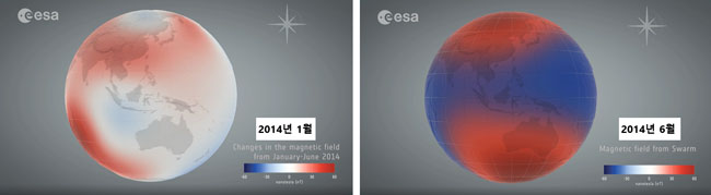 지구자기장 밀도는 시시각각으로 변한다. 푸른색이 짙을수록 밀도가 낮으며, 붉은 색이 짙을수록 밀도가 높다. 사진 출처: ESA 홈페이지 게재 지구자기장 밀도 변화 동영상 캡쳐. 동영상 링크: https://www.esa.int/ESA_Multimedia/Videos/2014/06/Earth_s_ever-changing_magnetic_field