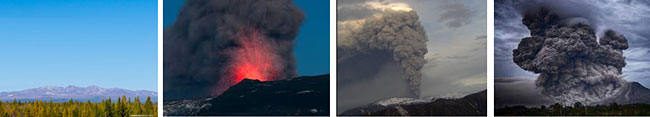 21세기엔 지각활동이 활발해져서, 대규모 화산 폭발이 여러 차례 있었지만, 백두산은 분화하지 않았다. 왼쪽에서부터 순서대로 백두산, 아이슬란드 에이야퍄들랴이외퀴들, 칠레 후예웨이 꼬르동 카우아이, 인도네시아 시나붕 화산의 모습. 사진 편집: 이진아