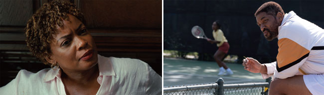 영화 ‘킹 리처드’의 장면들. 왼쪽은 어머니 역의 언자누 엘리스, 오른쪽은 아버지 역의 윌 스미스. ⓒphoto 뉴시스