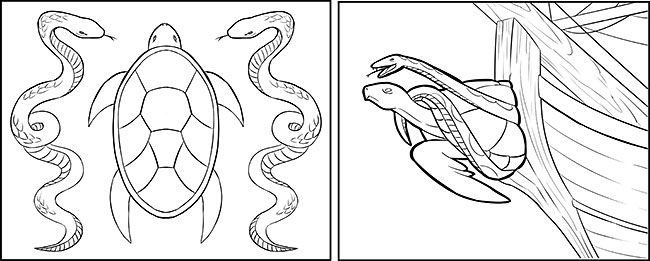 가야의 국가 상징이었던 거북과 뱀에 대한 상상도. (왼쪽) 왕실 문장의 기본 패턴, (오른쪽) 가야의 뱃머리 장식. 그림: 정민우