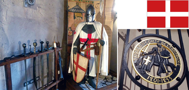 구호기사단과 함께 교황 직속 호위무사로 활약한 템플기사단의 전투복과 무기들.(왼쪽) 오른쪽은 구호기사단의 문양과 검은 망토 차림의 구호기사단을 형상화한 조각.