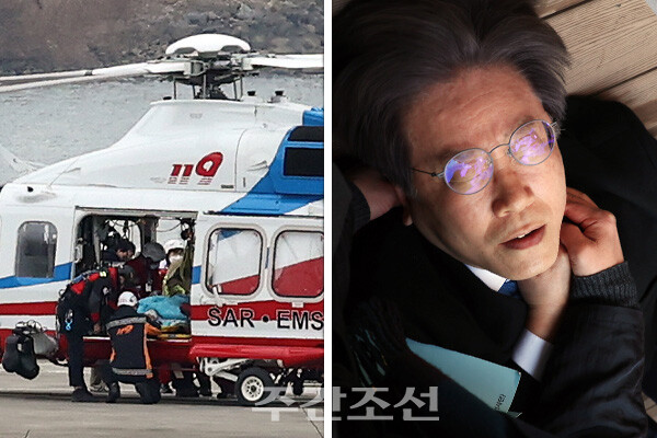 이재명 더불어민주당 대표가 지난 2일 오전 부산 강서구 대항전망대를 방문해 가덕신공항 건설 예정지를 둘러본 뒤 흉기 피습을 당해 쓰러진 가운데 서울로 이송됐다. photo 뉴시스 / 주간조선 편집