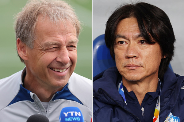 왼쪽부터 위르겐 클리스만(독일) 전 한국 국가대표팀 감독과 홍명보 울산HD 감독. photo 뉴시스 / 편집 주간조선