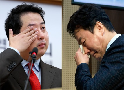 18일 공천 취소와 관련해 입장을 밝히며 눈물을 보이는 장예찬 전 국민의힘 최고위원(왼쪽)과 정봉주 전 더불어민주당 의원(오른쪽). photo 연합