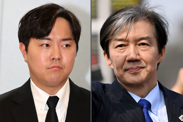 왼쪽부터 김인규 전 대통령실 행정관과 조국 조국혁신당 대표. photo 뉴시스 / 편집 주간조선