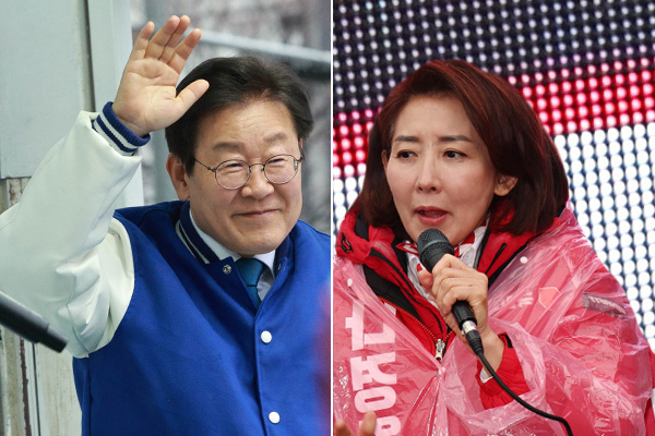 왼쪽부터 이재명 더불어민주당 대표와 나경원 국민의힘 서울 동작을 후보. photo 뉴시스 / 편집 주간조선