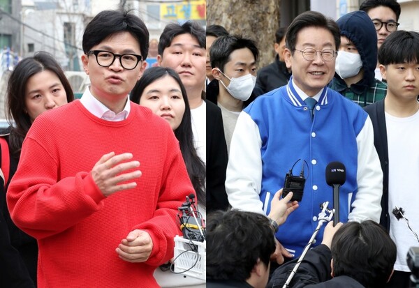 5일 4·10 총선 사전투표에 나선 한동훈(좌) 국민의힘 비상대책위원장과 이재명 더불어민주당 대표. photo 뉴시스