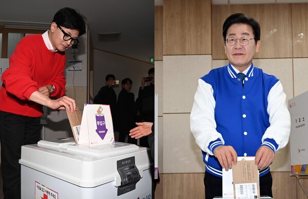 한동훈 국민의힘 비상대책위원장(왼쪽)과 이재명 더불어민주당 대표가 4·10 총선 사전투표 첫날인 5일 각각 사전투표소를 찾아 투표했다. photo 뉴시스 /  편집 주간조선