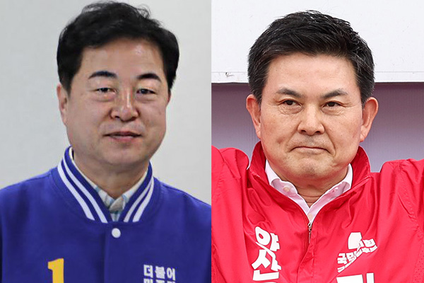 '제22대 국회의원선거 경남 양산시을 출마하는 김두관 더불어민주당 후보(왼쪽)와 김태호 국민의힘 후보. photo 뉴시스 / 편집 주간조선