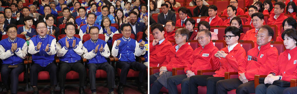 이재명 더불어민주당 대표와 한동훈 국민의힘 비상대책위원장이 지난 10일 오후 서울 여의도 국회에 마련된 개표상황실에서 각각 출구조사 결과 발표를 시청하고 있다. photo 뉴시스