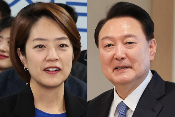 왼쪽부터 고민정 더불어민주당 의원과 윤석열 대통령. photo 뉴시스 / 편집 주간조선