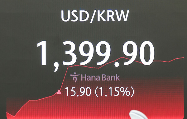 16일 서울 중구 하나은행 딜링룸 전광판에 원·달러 환율이 1399.90원을 나타내고 있다. photo 뉴시스