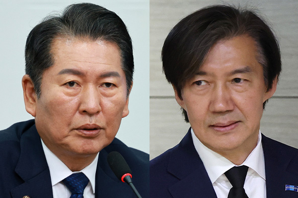 왼쪽부터 정청래 더불어민주당 의원과 조국 조국혁신당 대표. photo 뉴시스 / 편집 주간조선