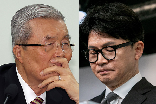 왼쪽부터 김종인 전 개혁신당 상임고문과 한동훈 전 국민의힘 비상대책위원장. photo 뉴시스 / 편집 주간조선