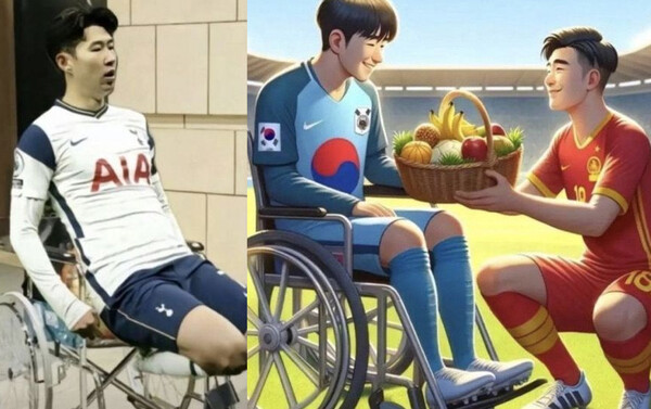다리를 다친 손흥민의 모습을 조작한 사진과, 다리를 다쳐 휠체어에 앉아 있는 손흥민이 중국 선수에게 과일바구니를 받고 있는 합성 사진. photo 온라인 커뮤니티 ‘이토랜드’ 및 '웨이보' 갈무리