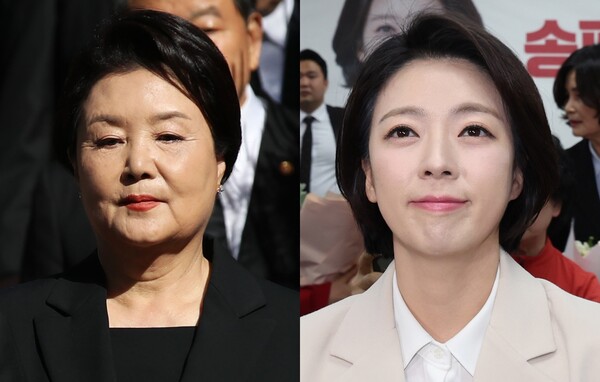 문재인 전 대통령 부인 김정숙 여사(왼쪽)와 배현진 국민의힘 의원. photo 뉴시스 / 편집 주간조선