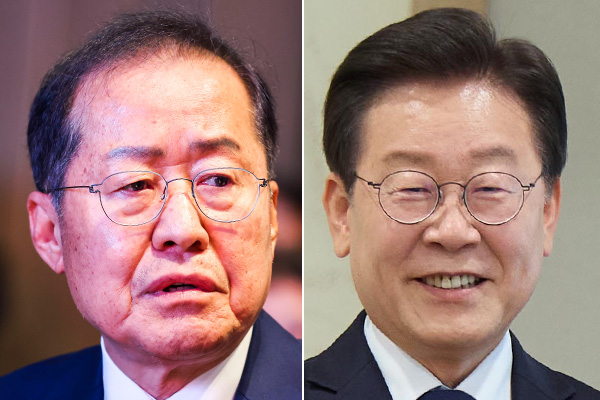 왼쪽부터 홍준표 대구시장과 이재명 더불어민주당 대표. photo 뉴시스 / 편집 주간조선