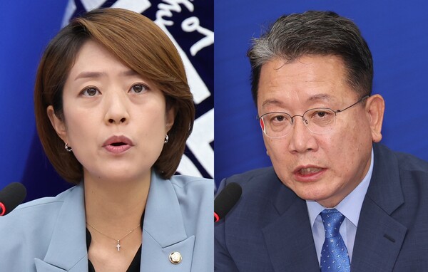 고민정 더불어민주당 최고위원(왼쪽)과 강민구 같은당 최고위원. photo 뉴시스 / 편집 주간조선