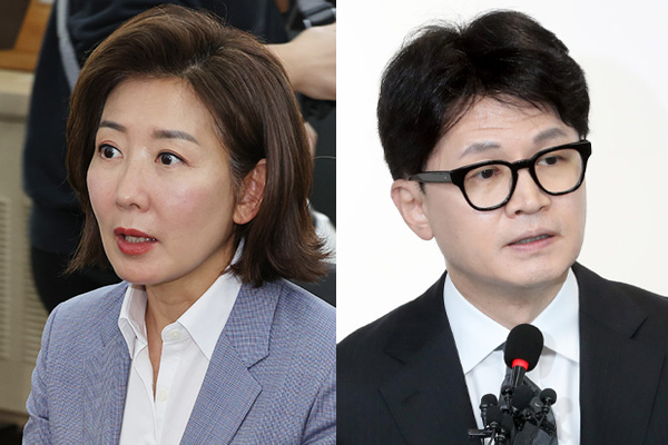 왼쪽부터 나경원 국민의힘 당선인과 한동훈 전 국민의힘 비상대책위원장. photo 뉴시스 / 편집 주간조선