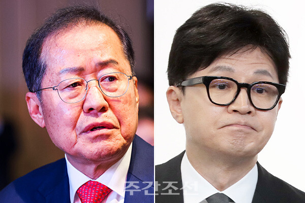 왼쪽부터 홍준표 대구시장과 한동훈 전 국민의힘 비상대책위원장. photo 뉴시스 / 편집 주간조선