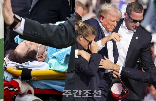 이재명 전 더불어민주당 대표가 지난 1월 2일 부산시 가덕도신공항 부지를 방문하는 일정 중 피습 당했을 당시 사진(왼쪽)과 지난 13일 도널드 트럼프 전 미국 대통령이 대선 주자로서 펜실베이니아주에서 유세를 벌이던 중 총격 받고 피하는 사진. photo 뉴시스 / 편집 주간조선