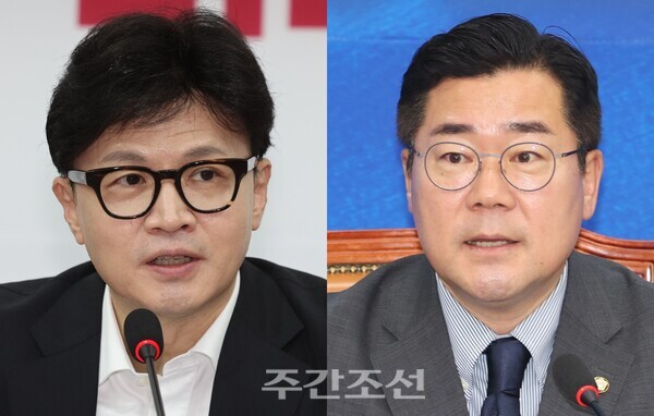 한동훈 국민의힘 대표(왼쪽)과 박찬대 민주당 대표 직무대행 겸 원내대표. photo 뉴시스 / 편집 주간조선