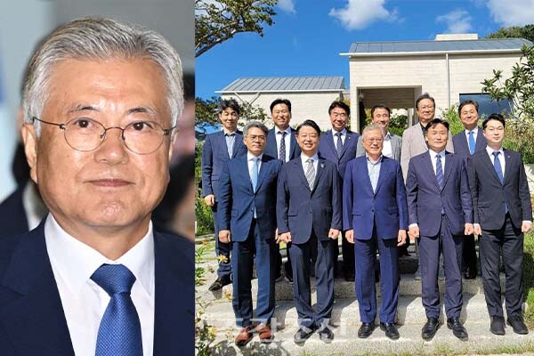 왼쪽부터 문재인 전 대통령과 더불어민주당 前정권정치탄압대책위원회 위원장을 비롯한 의원들. photo 뉴시스 및 더불어민주당 제공 / 편집 주간조선