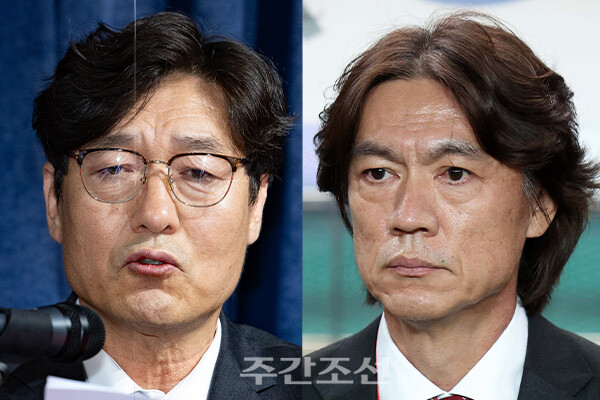 왼쪽부터 대한축구협회의 이임생 기술총괄이사와 홍명보 국가대표 축구팀 감독. photo 뉴시스 / 편집 주간조선