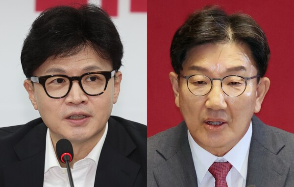 왼쪽부터 권성동 국민의힘 의원과 한동훈 대표. photo 뉴시스 / 편집 주간조선