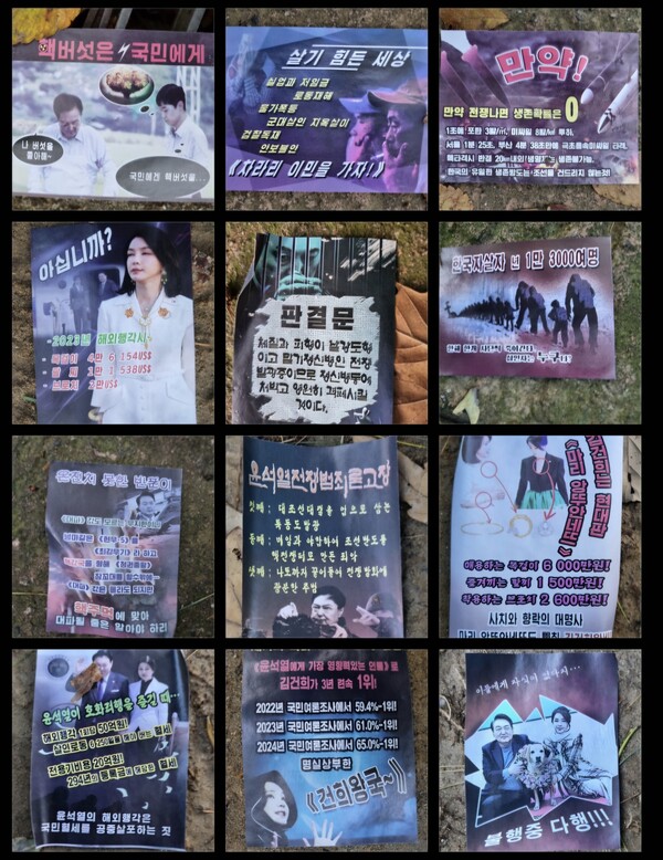 지난 24일 오전 내곡동 인근 아파트 단지 내 산책로서 발견된 대남삐라들. photo 독자제공