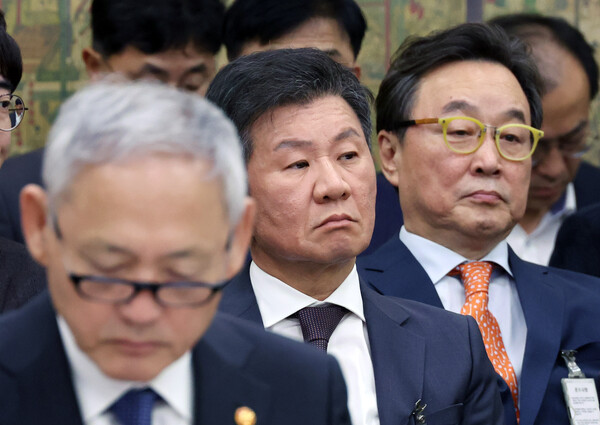 정몽규(가운데) 대한축구협회장이 지난 10월 서울 여의도 국회에서 열린 문화체육관광위원회의 문화체육관광부 등 산하 공공기관 등 종합감사에서 증인으로 출석, 국감을 지켜보고 있다. photo 뉴시스
