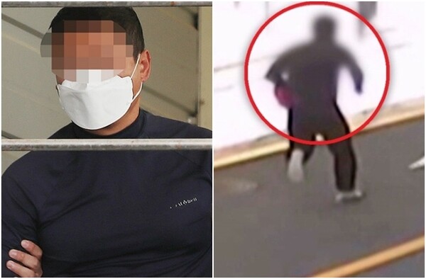 부산법조타운 인근에서 유튜버를 살해한 혐의를 받는 50대 유튜버 A씨. 오른쪽 사진은 범행 당시 A씨가 흉기를 들고 달려가는 모습. photo 공동취재사진, MBC 보도화면 캡처