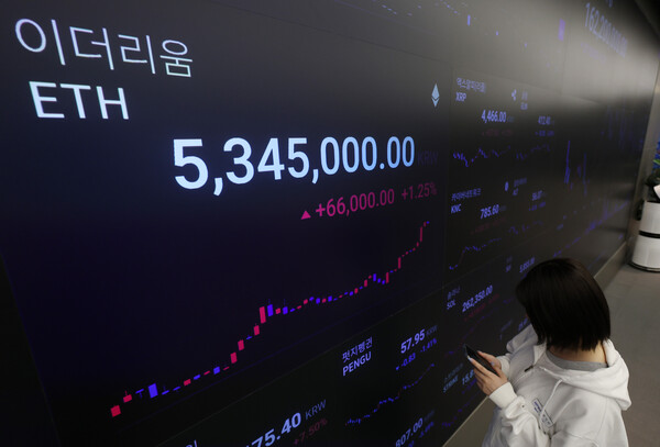 서울 강남구 업비트 고객센터 시황판에서 코인 가격이 표시되고 있다. photo 뉴시스