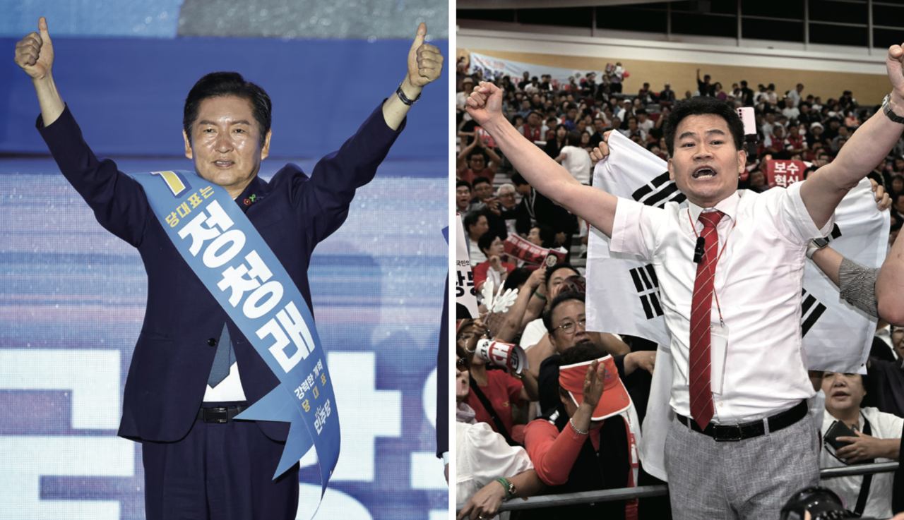 (왼쪽) 정청래 당시 더불어민주당 당대표 후보가 지난 8월 2일 경기 고양시 킨텍스에서 열린 제2차 임시전국당원대회에서 당원들을 향해 인사하고 있다. (오른쪽)지난 8월 8일 대구 북구 엑스코에서 열린 국민의힘 제6차 전당대회 대구·경북 합동연설회에 참석한 전한길 전 한국사 강사. photo 뉴시스
