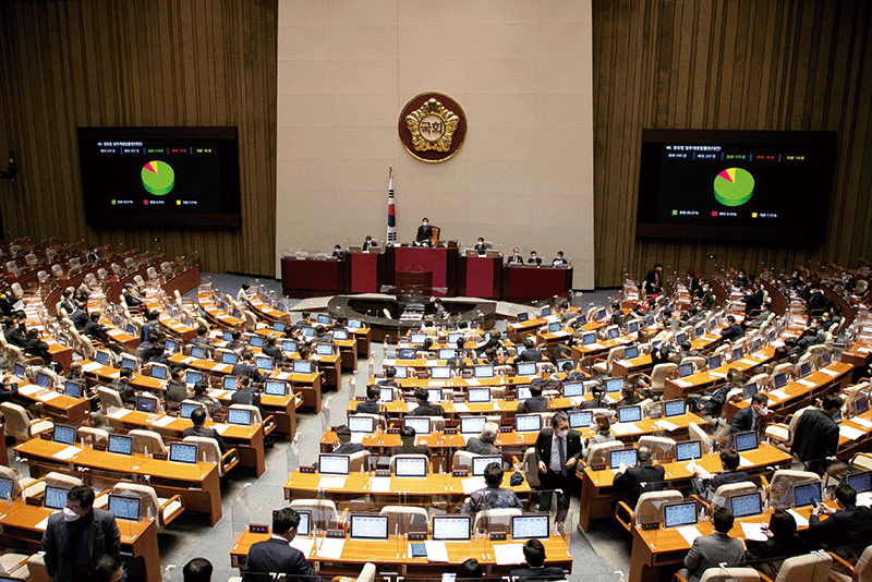 2022년 1월 11일 서울 여의도 국회에서 열린 새해 첫 본회의에서 만 16세 이상 국민이라면 누구나 정당의 발기인 및 당원이 될 수 있다는 내용을 담은 ‘정당법 일부개정법률안’이 가결되고 있다. photo 뉴시스