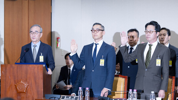 김영섭 KT 대표이사(왼쪽부터), 윤종하 MBK파트너스 부회장, 조좌진 롯데카드 대표이사가 24일 서울 여의도 국회 과학기술정보방송통신위원회에서 열린 대규모 해킹사고(통신·금융) 관련 청문회에 출석해 증인선서를 하고 있다. photo. 뉴스1
