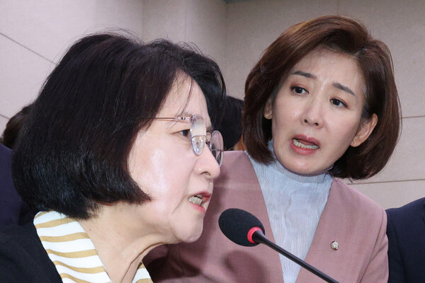 나경원 국민의힘 의원(오른쪽)이 지난 22일 서울 여의도 국회 법제사법위원회에서 열린 검찰청 폐지 입법청문회에서 퇴장 명령을 한 추미애 법사위원장에게 항의하고 있다. photo 뉴스1